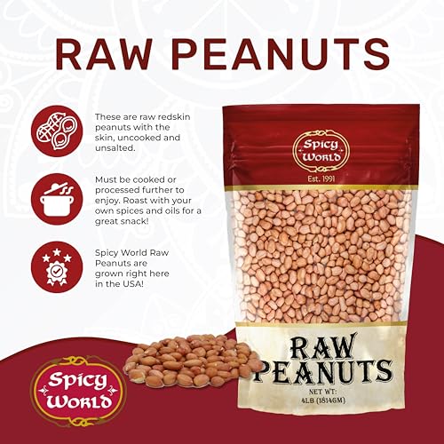Spicy World Peanuts Raw Whole With Skin 4 LB Jumbo Bag (64oz) | Uncooked, Unsalted, All Natural, USA Grown Red Skin Spanish Grade