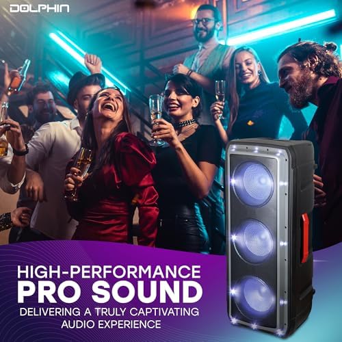 Dolphin Bluetooth Party Speaker with Wireless Mic, Triple 10" Woofers | 120W Output, LED & Strobe Lights, USB/TF/FM/AUX, Guitar & Mic Inputs