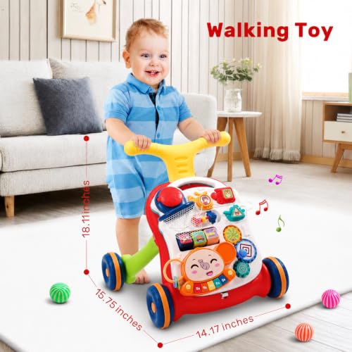 CUTE STONE Sit to Stand Learning Walker, 2 in 1 Baby Push Walker, Early Educational Child Activity Center, Multifunctional Removable Play Panel