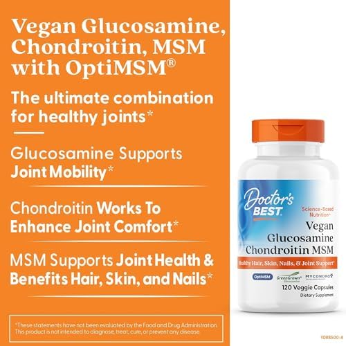 Doctor's Best Vegan Glucosamine Chondroitin MSM - Joint Health Support Supplement for Women & Men, Nutritional Support for Joint Strength, Hair, Skin