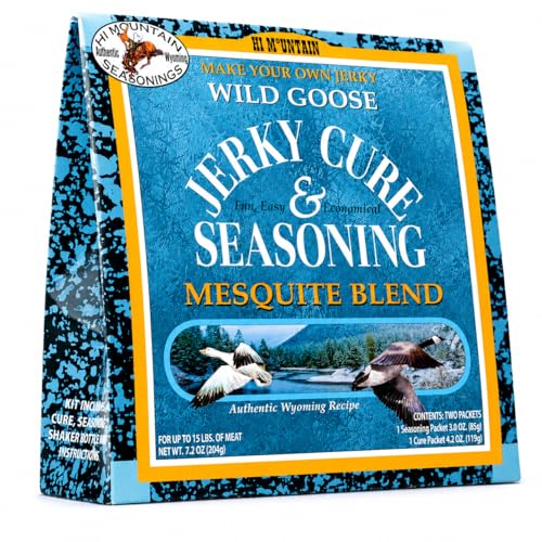 Hi Mountain Goose Jerky Seasoning & Cure Kit | MEQUITE | Makes 15 lbs | Make homemade goose, duck & waterfowl jerky with bold mesquite smoke flavor for smoker, dehydrator & oven