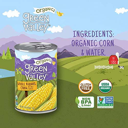 Green Valley Organics Whole Kernel Corn | Certified Organic | Non-GMO Project Verified | 100% Supersweet Variety Corn | Deliciously Sweet | 15 ounce