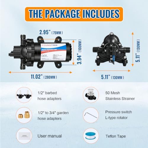 YOUNGTREE RV Water Pressure Diaphragm Pump 110V 4.0GPM 50PSI On Demand Fresh Water Transfer Pump 110Volt AC with Garden Hose Adapters for Irrigation Home Pool Draining Sprinkler