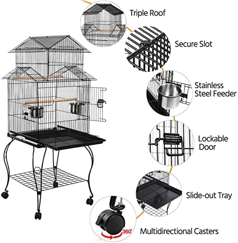 Yaheetech 55" Triple Roof Bird Cage with Rolling Stand & Storage, for Cockatiels, Quakers, Indian Ringnecks, Conures & Small to Medium Parrots