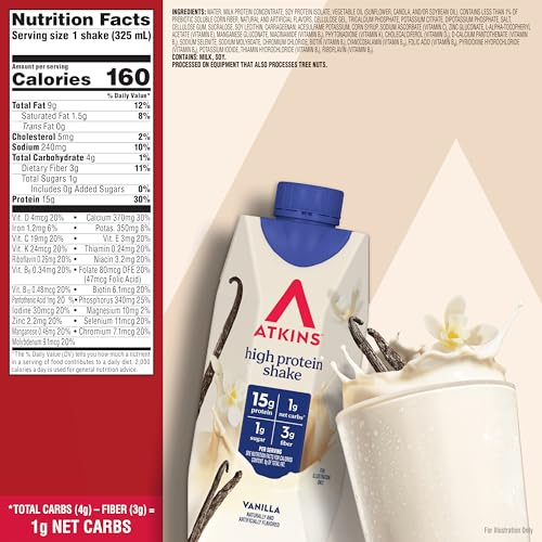 Atkins Vanilla High Protein Shake, 15g Protein, 12 Count | 15g Protein, 3g Fiber, 1g Net Carb, 1g Sugar, Vanilla Flavored, Keto Friendly