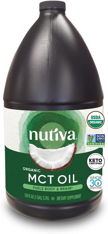 Nutiva Organic MCT Oil, Unflavored, 32 Oz, USDA Organic, Non-GMO, Non-BPA, Whole 30 Approved, Vegan, Gluten-Free & Keto, 14g MCT per Serving & Neutral Flavor for Energy Boost to Coffee, Shakes and Salads