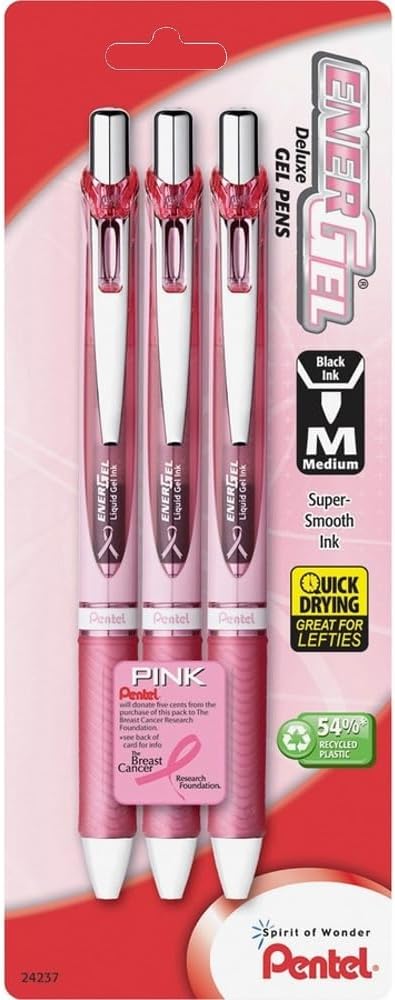 Pentel Pink BCA EnerGel Retractable Liquid Gel Pen, (0.7mm), Medium Line, Metal Tip, Pink Barrel, Black Ink, Pack of 3 (BL77PBP3A-BC)
