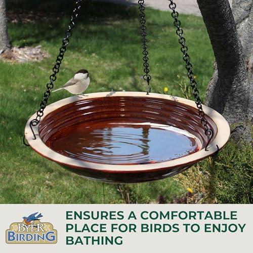 BYER OF MAINE Circles Hanging Bird Bath, Porcelain, Glaze Finish, Adjustable Chain, Sandy Granite, 14”x14”x34” adj