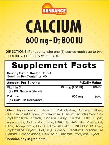 Sundance Calcium 600mg with D3 | 60 Caplets | Vegetarian, Non-GMO, and Gluten Free Supplement