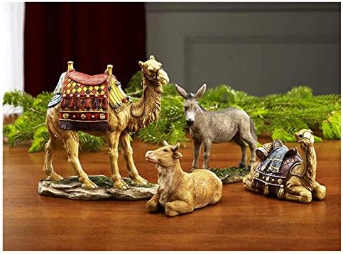 Three Kings Gifts Nativity Animals Set, 4-Piece Polystone Standing and Sitting Camels, Donkey, and Ox Figures, Flat Bottom Base Collectibles for 14-Inch Scale Nativity Scene