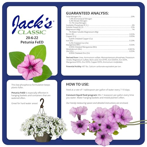 Jack's Classic 20-6-22 Petunia Feed Water-Soluble Fertilizer, 4lb | Powdered, Targeted Micronutrient Package, Promotes Lush Green Iron-Loving Plants and Annuals, Liquid Root & Foliage Feeding