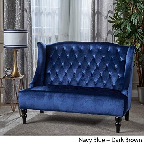 GDFStudio Modern Glam Tufted Velvet Wingback Loveseat, Navy Blue and Dark Brown
