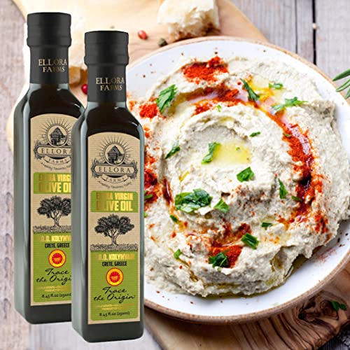 Ellora Farms, Greek Extra Virgin PDO Olive Oil, Traceable and Certified Single Estate, Kosher EK, 33.8 oz. Tin and 8.45 oz. Glass bottle Combo Pack
