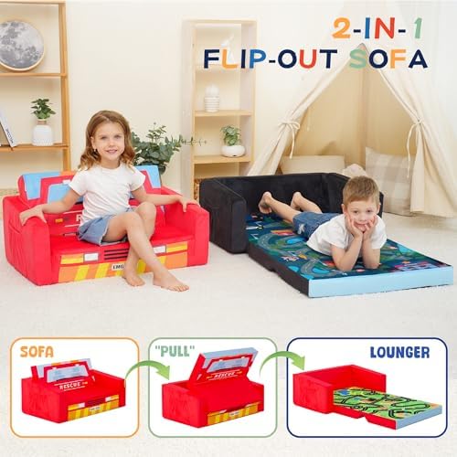 MallBest Kids Sofas Children's Sofa Bed Baby's Upholstered Couch Sleepover Chair Flipout Open Recliner(Red/Fire Truck)
