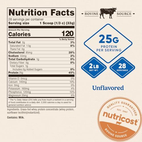Nutricost Grass-Fed Whey Protein Concentrate (Unflavored) 2LBS | Undenatured, GMO-Free, Gluten Free, Natural Flavors