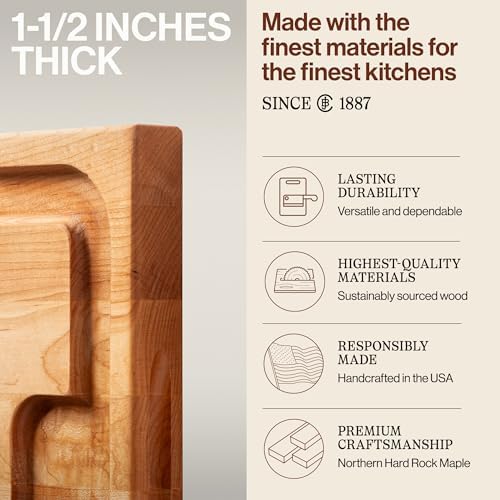 John Boos Aujus Series Rectangular Wooden Maple Cutting Board 20”x15” – 1.5” Thick, 12-lb Reversible Butcher Block with Sloped Juice Groove, Edge-Grain & Finger Grips – Made in the USA