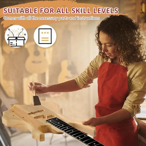 Ktaxon DIY Electric Guitar Kit, 44Inch DIY Bass Guitar Kit (KIB) | Mahogany Body, Solid Wood Fingerboard and Maple Neck, Easy Installation & All Accessories Included to Build Your Own Guitar