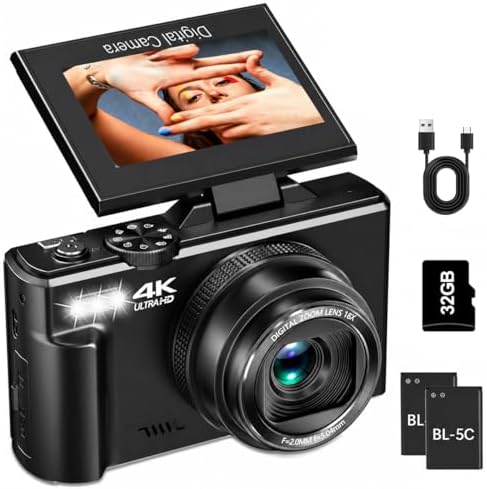 4K Digital Camera for Photography, 64MP Vlogging Camera for YouTube with 3" 180° Flip Screen, WiFi Compact Camera with 18X Digital Zoom, Comes with 32GB Micro SD Card & 2 Batteries, Black