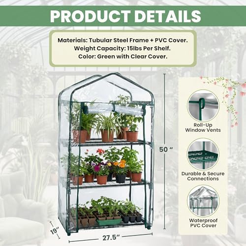 3 Tier Mini Greenhouse - Portable Greenhouse with Rust-Resistant Frame and PVC Cover for Indoor/Outdoor - 27.5x19x50-Inch Green House by Pure Garden