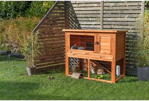 TRIXIE natura Outdoor Rabbit Hutch with Run - 2-Story Rabbit Cage with Non-Slip Ramp - Medium Elevated Small Animal House with Secure Playpen, Hinged Roof & Pull-Out Tray - in Brown
