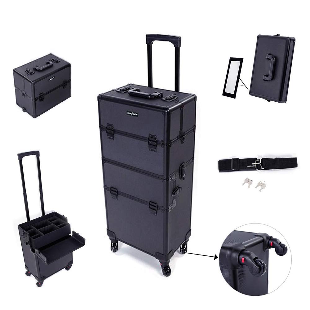 mefeir 2 in 1 Rolling Makeup Train Case Professional Cosmetic trolley on Wheels Aluminum Nail Cart Cosmetic Suitcase for professional makeup artist, Luggage Lockable w/4 Removable Wheels (Black)
