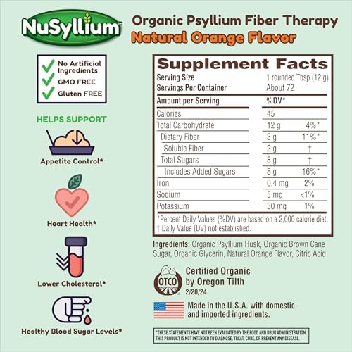 NuSyllium Psyllium Husk Powder USDA Organic, 21 Oz, Dietary Fiber Supplement with Brown Sugar, Helps Promote Digestive Health* Unflavored, 85 Servings
