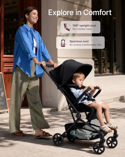 Momcozy TuckGo Ultra-Compact Travel Stroller for Toddlers, Carry-On Ready | Reclining Seat with UPF 50+ Canopy, Adjustable Leg Rest, 33 L Storage and Travel Bag Included