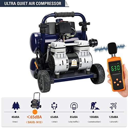 Stealth Quiet Air Compressor with Wheel, 64 Decibel 4.5 Gallon Peak 1.3 HP Max 150 PSI, Oil-Free Air Pump