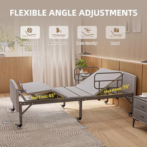 Adjustable Hospital Bed for Home Use with Hospital Mattress | Wooden Bed Deck, Headboard & Footboard, Wireless Remote, Mobility Support, Locking Casters,750 LBS Capacity