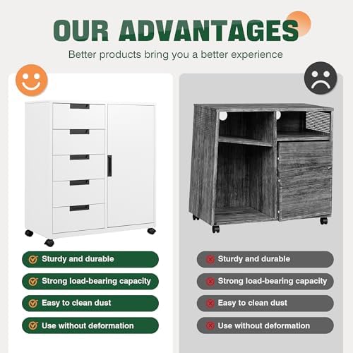 5 Drawer Storage Cabinet, Mobile Printer Stand for Home Office,Dresser Chest with Shelves and Door(White)