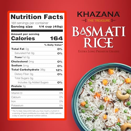Authentic Extra Long Basmati Rice by Khazana in 10 lb Bag - Aromatic and Flavorful Indian Grain - Non-GMO, Gluten Free, Kosher, Cholesterol Free