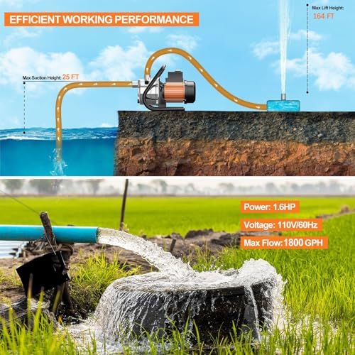 Water Transfer Pump 110V Shallow Well Pump 1.6HP Electric Portable Garden Pressure Booster Pumps for Sprinkler Irrigation Lawn with Adapters, Green