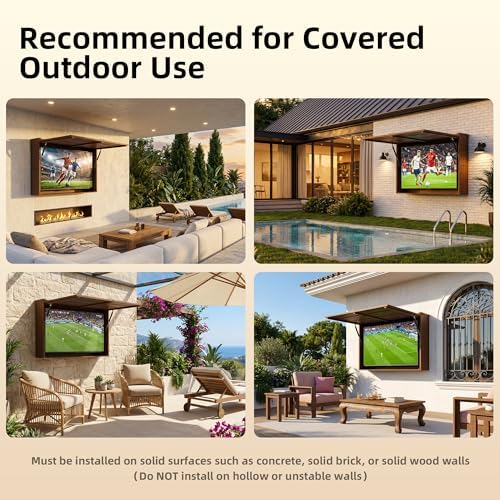 Outdoor TV Enclosure, Fit for 32-55 Inch TV, Solid Wood Wall-Mounted TV Cabinet with Dual-Arm Steel Bracket, Includes 600D TV Cover (Walnut Color)
