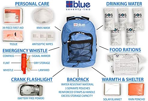 Blue Seventy-Two | 72 Hour Emergency Backpack Survival Kits for 1 Person | Survival Kit for Wildfires, Earthquakes, Tornado, Hurricane