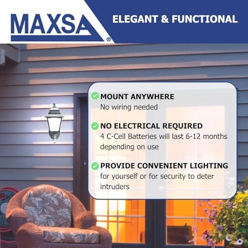 Maxsa 44219 Premium Wireless Battery-Powered Motion-Activated Decorative Outdoor Wall Sconce Lighting Fixture, Cool White LED, Metal Housing, Black