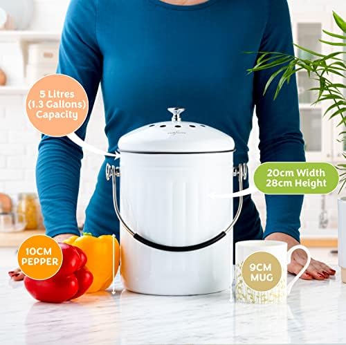 RED FACTOR Premium Compost Bin for Kitchen Countertop - Stainless Steel Food Waste Bucket with Innovative Dual Filter Technology - Includes Spare