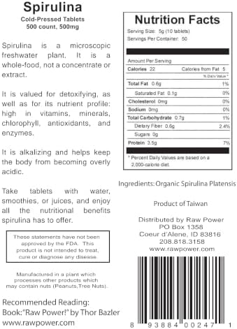 Raw Power Spirulina Tablets, 500 Count, 500mg Each, 250 Grams / 8.8 oz, Premium, Pure, Cold-Pressed, Unheated