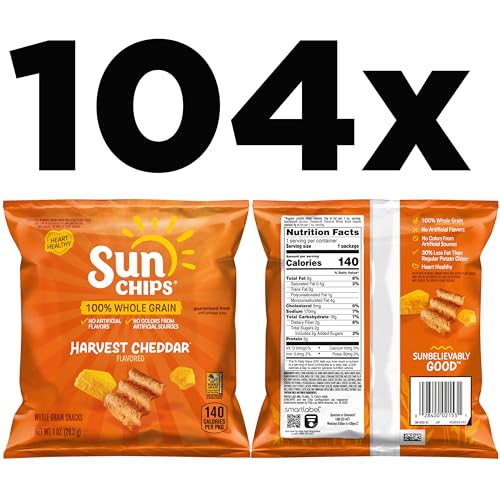 SunChips 100% Whole Grain Chips, Harvest Cheddar, 1 oz Bags, Pack of 104, No Artificial Flavors, No Colors from Artificial Sources