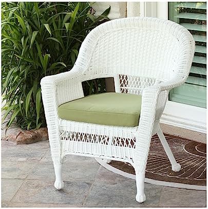 Jeco Wicker Chair with Sage Cushion Outdoor Patio Furniture Resin Steel Frame White