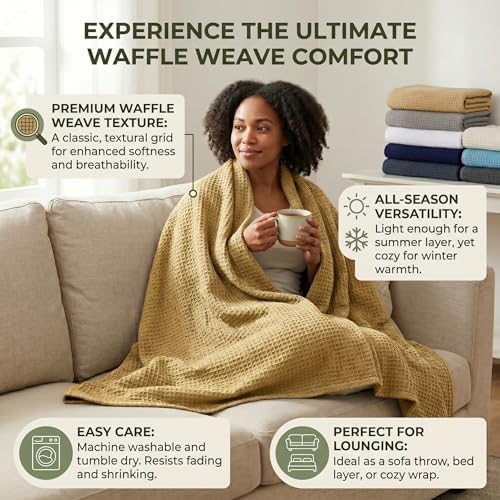 Tex Trend 100% Cotton Waffle Weave Blanket Queen Size - Soft, Breathable Cooling Blanket for Bed, Lightweight Cozy Summer & Spring Bedding, Grey, 90x90
