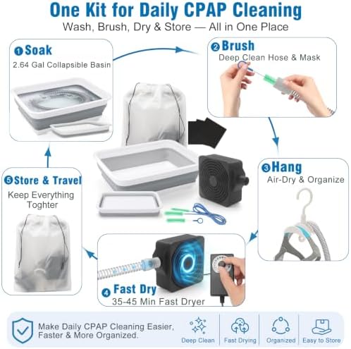 9 Pack CPAP Cleaning Kit for Hose & Mask, with Speed Control Hose Dryer, Collapsible Wash Basin & Hose Hanger, 7ft Cleaning Brush, CPAP Cleaning Supplies with Storage Bag, for 22mm & 15mm Tube
