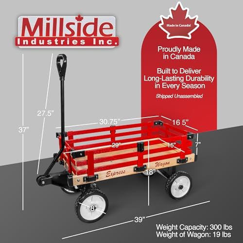 Millside Convertible Wood Wagon Cart with 4 Flat-Free Tires and Sleigh Runners for Outdoor Hauling Through Snow, Red, 16" x 34"