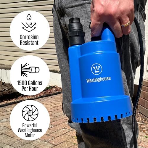 Westinghouse Sump Pump 1/4 HP 25 GPM Submersible Water Pump Thermoplastic Portable Utility Pump High Flow Water Removal for Swimming Pool Garden