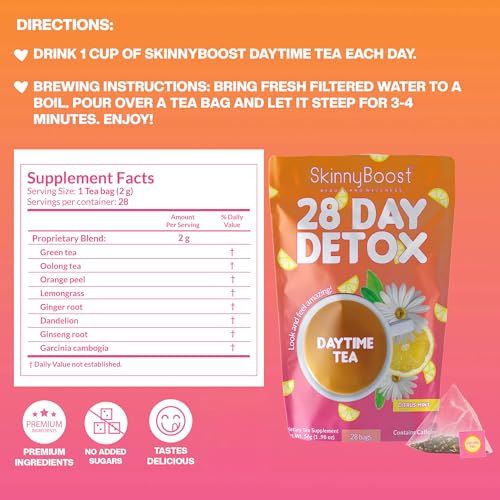 SkinnyBoost 28 Day Detox Daytime Tea - CITRUS MINT (28 Tea Bags) Supports Metabolism Boost, Detox, All Natural, Non GMO, Vegan, Keto Friendly | Natural Energy Boost, Supports Metabolism, Detox, All Natural, Non GMO, Vegan, Keto Friendly, Antioxidants