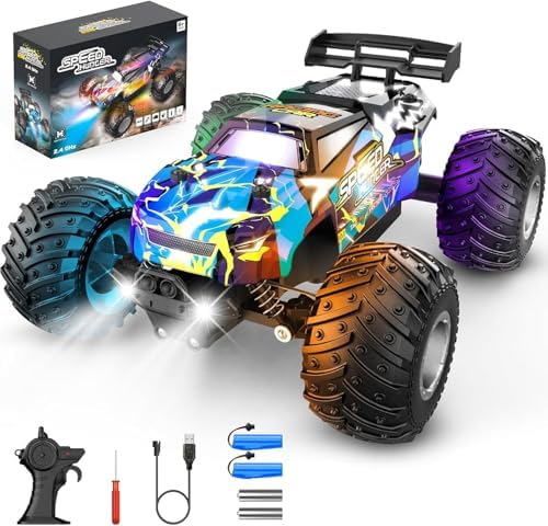 Rcjoyou Remote Control Car, 2WD Off-Road Rc Truck, 20 KM/H All-Terrain RC Cars with Headlights & Body Lights, 2.4GHz, 2 Batteries