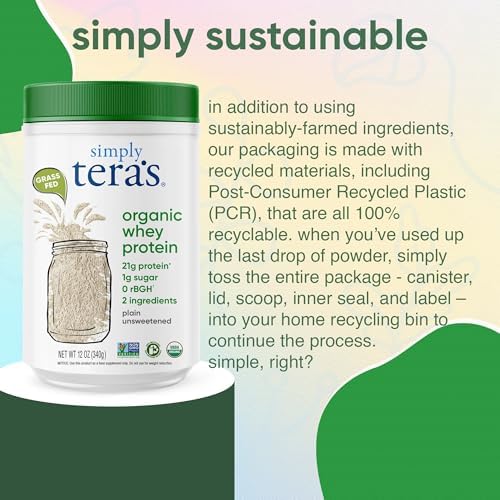 Simply tera's Organic Whey Protein Powder, Plain Unsweetened - 12 Oz | Grass Fed Whey Protein Powder Without Artificial Sweeteners, Unflavored