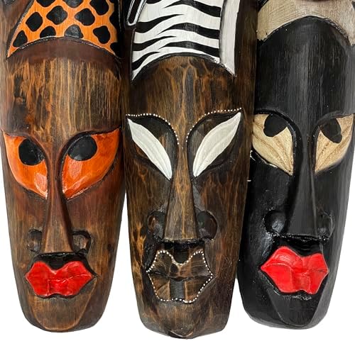 Set Of 3 African Wildlife Wooden Wall Masks | 19 In. Tall by 5 In. Wide, 2 In. Deep, Hand-Painted, Handcarved by Artisans, Fair Trade Item