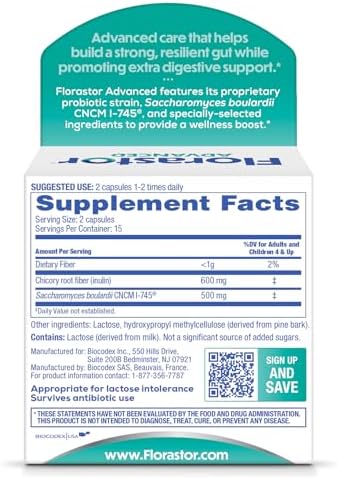Florastor Advanced Pro+Pre Daily Probiotic and Prebiotic, 30 Capsules | Boosts Good Bacteria with Saccharomyces Boulardii CNCM I-745