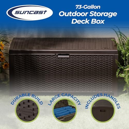 Suncast Outdoor Storage Box - 73 Gallon Mocha Brown Deck Box for Patio, weather-resistant Outdoor Storage Bench, Resin Wicker Style, Heavy-Duty, Lockable Lid for Cushions, Shoes, Pool & Garden Gear