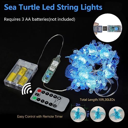 Beach Theme -Cute Green Sea Turtle String Lights- Ocean Fairy Decorative Lights- 10ft 30 LEDs -USB Powered -Multi-Function- Remote Control-Christmas